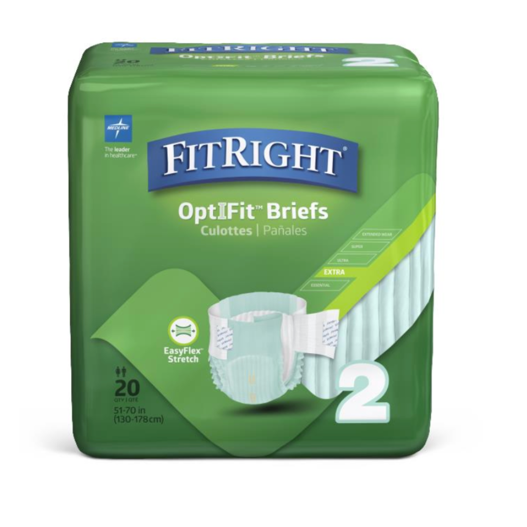 A package of FitRight Extra Stretch Unisex Briefs, offering moderate absorbency. The predominantly green packaging with white and blue accents indicates size 2, suitable for waist sizes 51-70 inches (130-178 cm), containing 20 briefs.